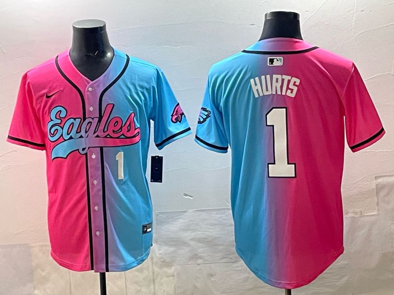 Men 2025 Philadelphia Eagles 1 Hurts Blue pink Nike Limited NFL Jersey style 02